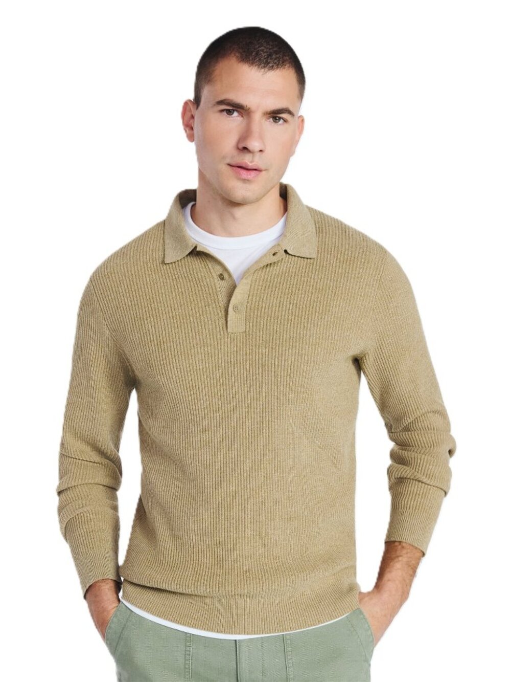 New Men's Free Assembly Cozy Yarn Ribbed Long Sleeve Sweater Polo Size L Camel